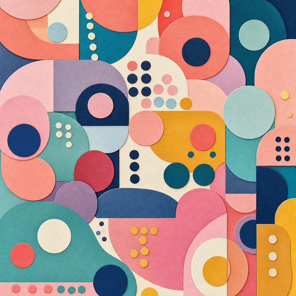 Colorful playful geometric pattern with circles, tiles, and abstract patchwork shapes