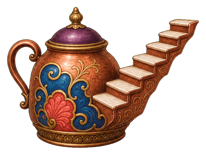A decorative teapot with a staircase rising from its spout
