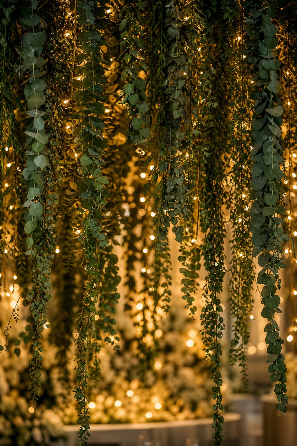 Vertical hanging greenery with eucalyptus leaves and soft glowing lights in the background