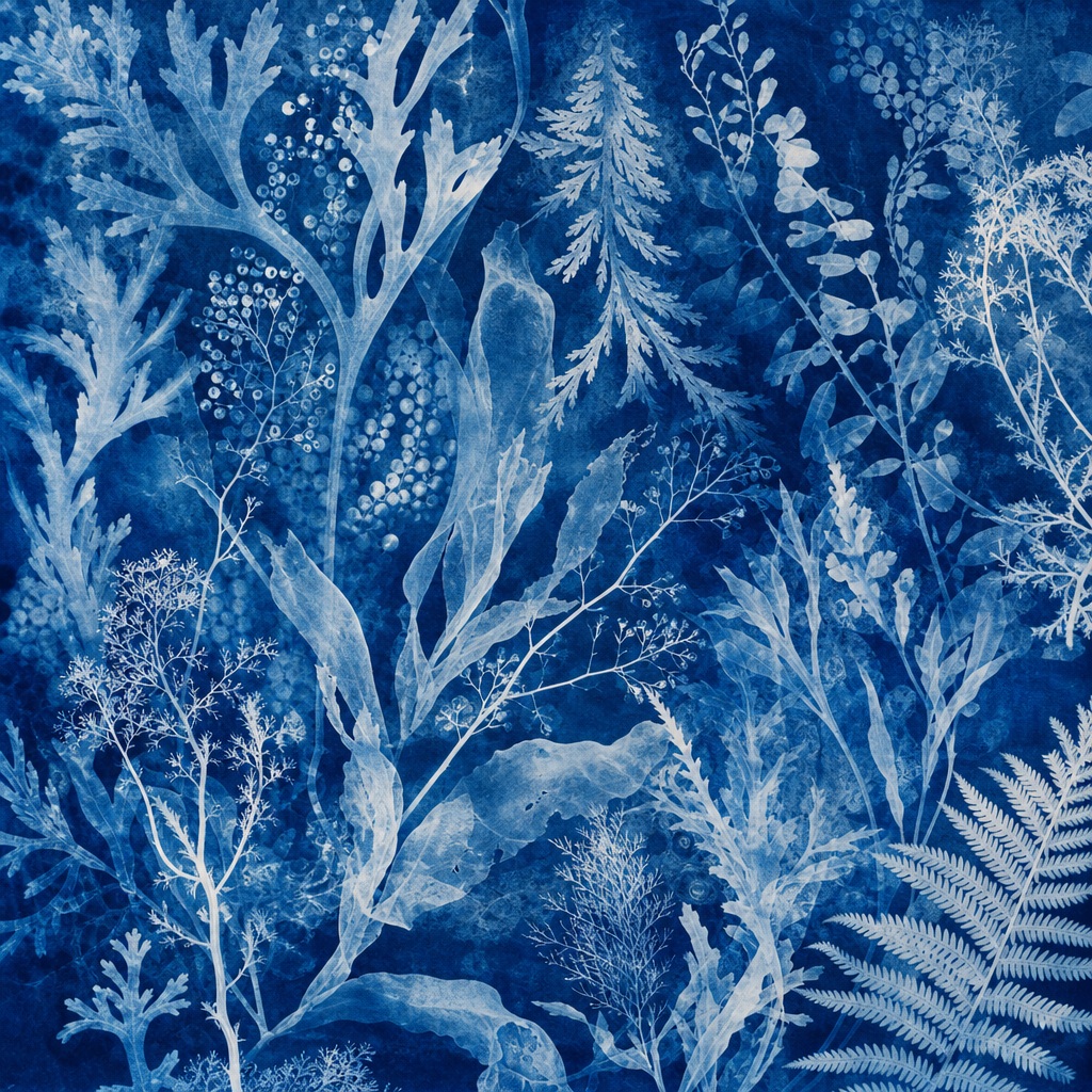 Blue botanical cyanotype pattern with leaves and seaweed-like foliage