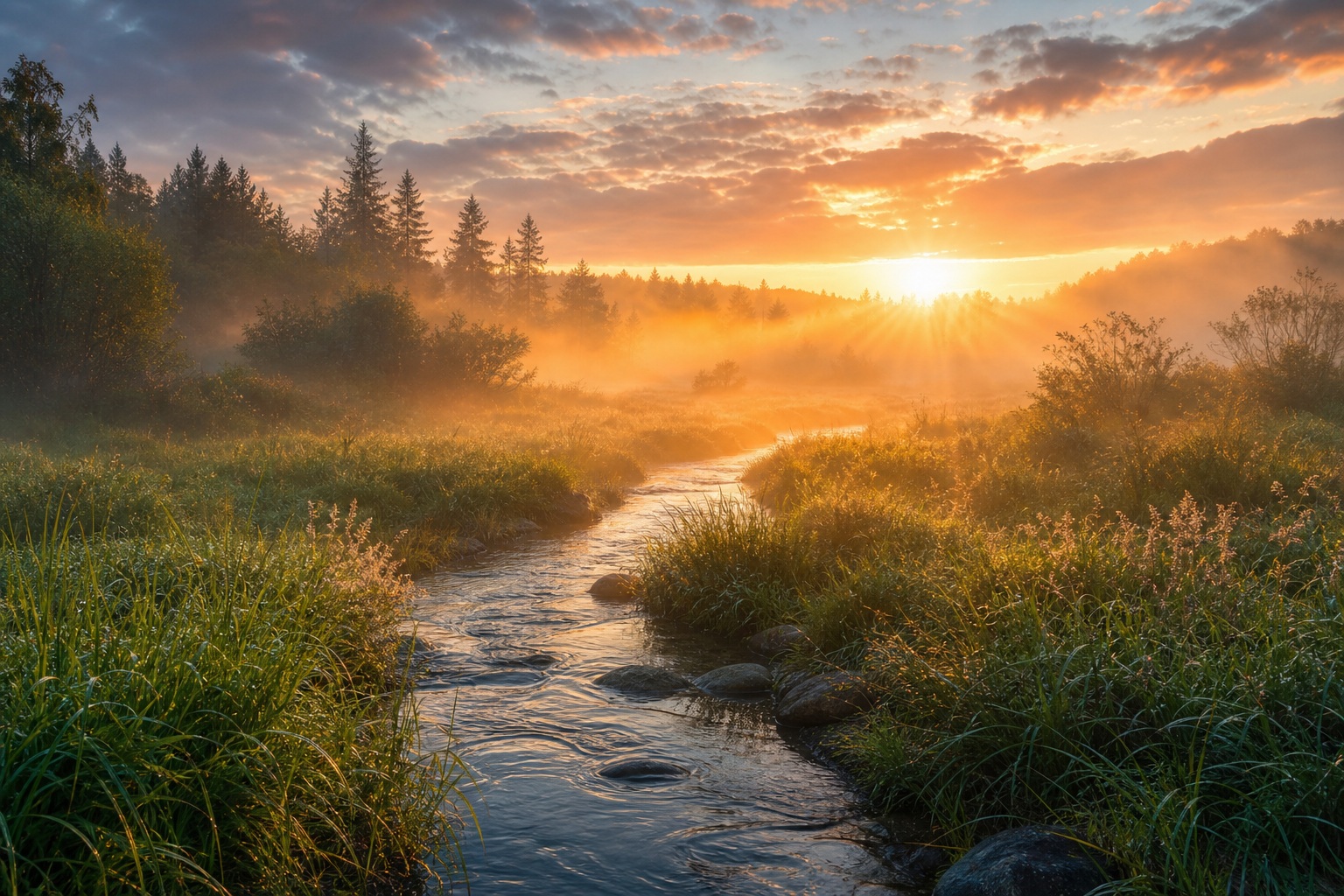 Sunrise over a foggy meadow with a creek, grasses, and trees glowing in warm light.