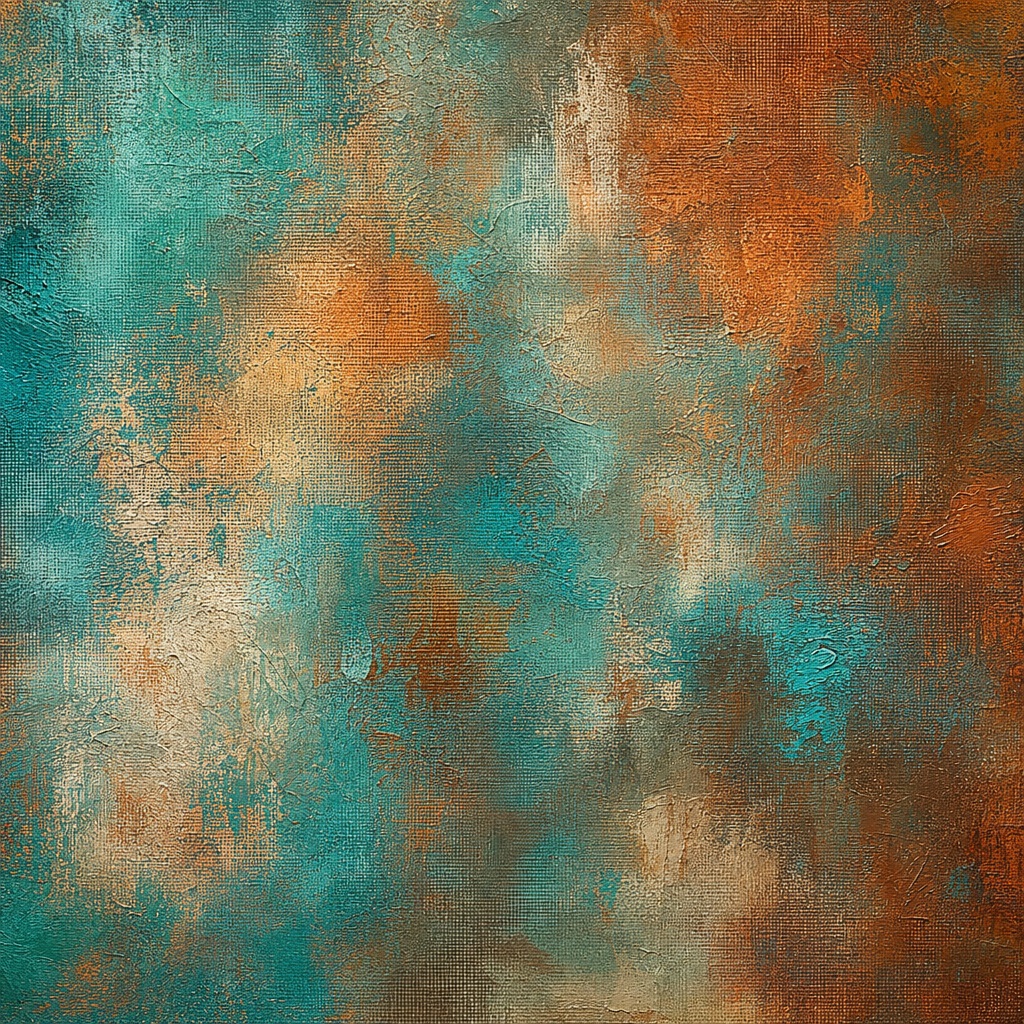 Abstract teal and rust painted canvas texture with layered matte patches