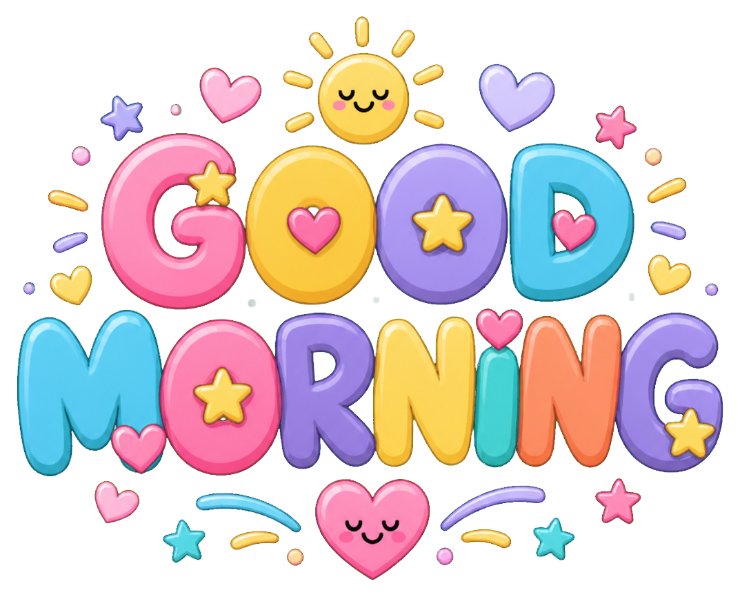 Colorful Good Morning word art with hearts, stars, and a smiling sun