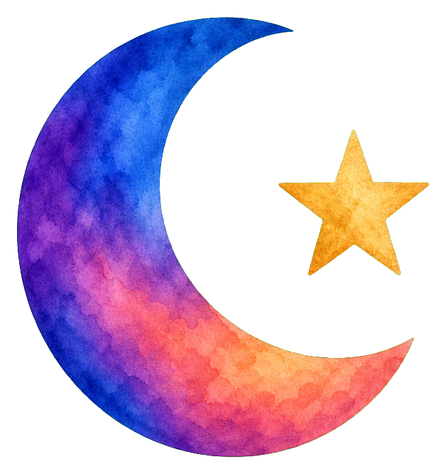 Watercolor crescent moon with a gold star inside on a dark background