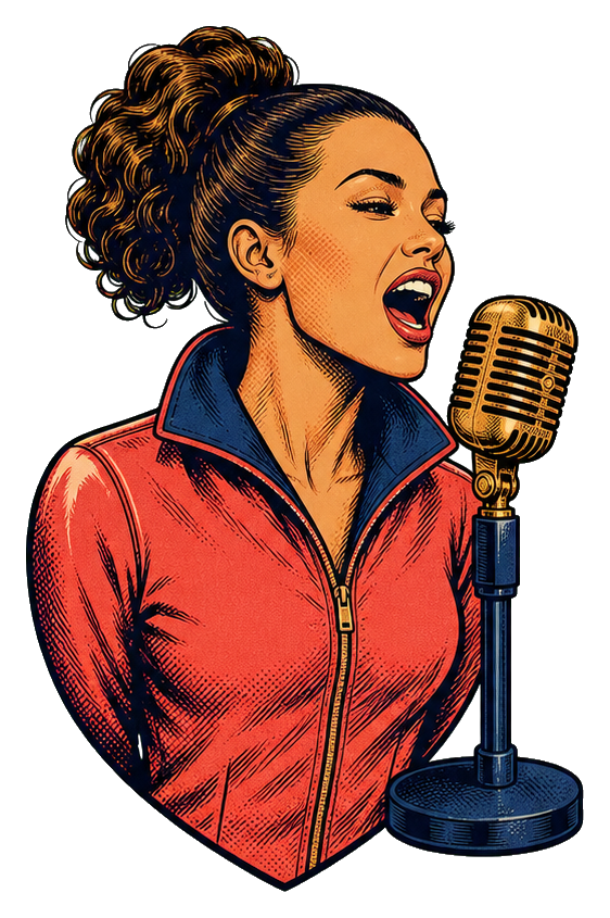 Illustrated hip hop singer with coral jacket singing into a vintage microphone