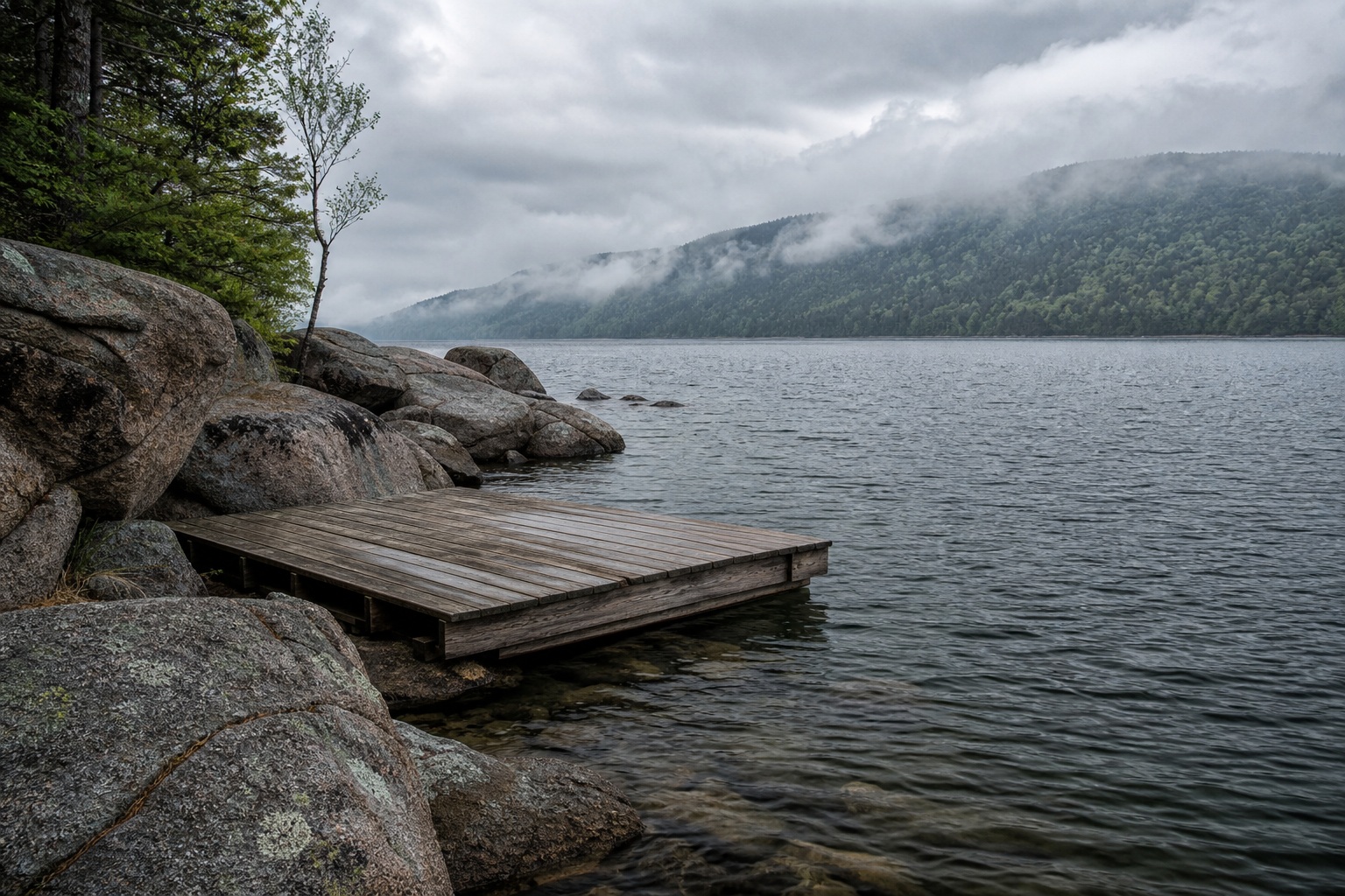 Wooden dock beside a misty lake with rocks and mountains in the background