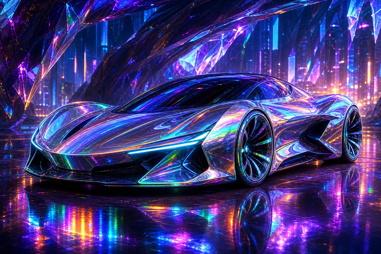 Futuristic chrome concept car with glowing holographic reflections on a neon city street