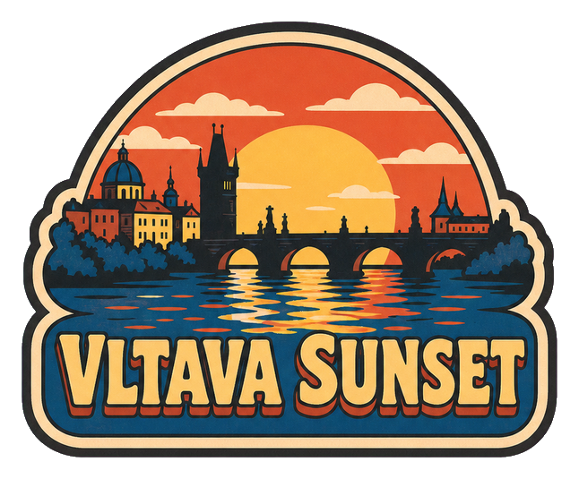 Retro illustrated Prague skyline over the Vltava at sunset with VLTAVA SUNSET text