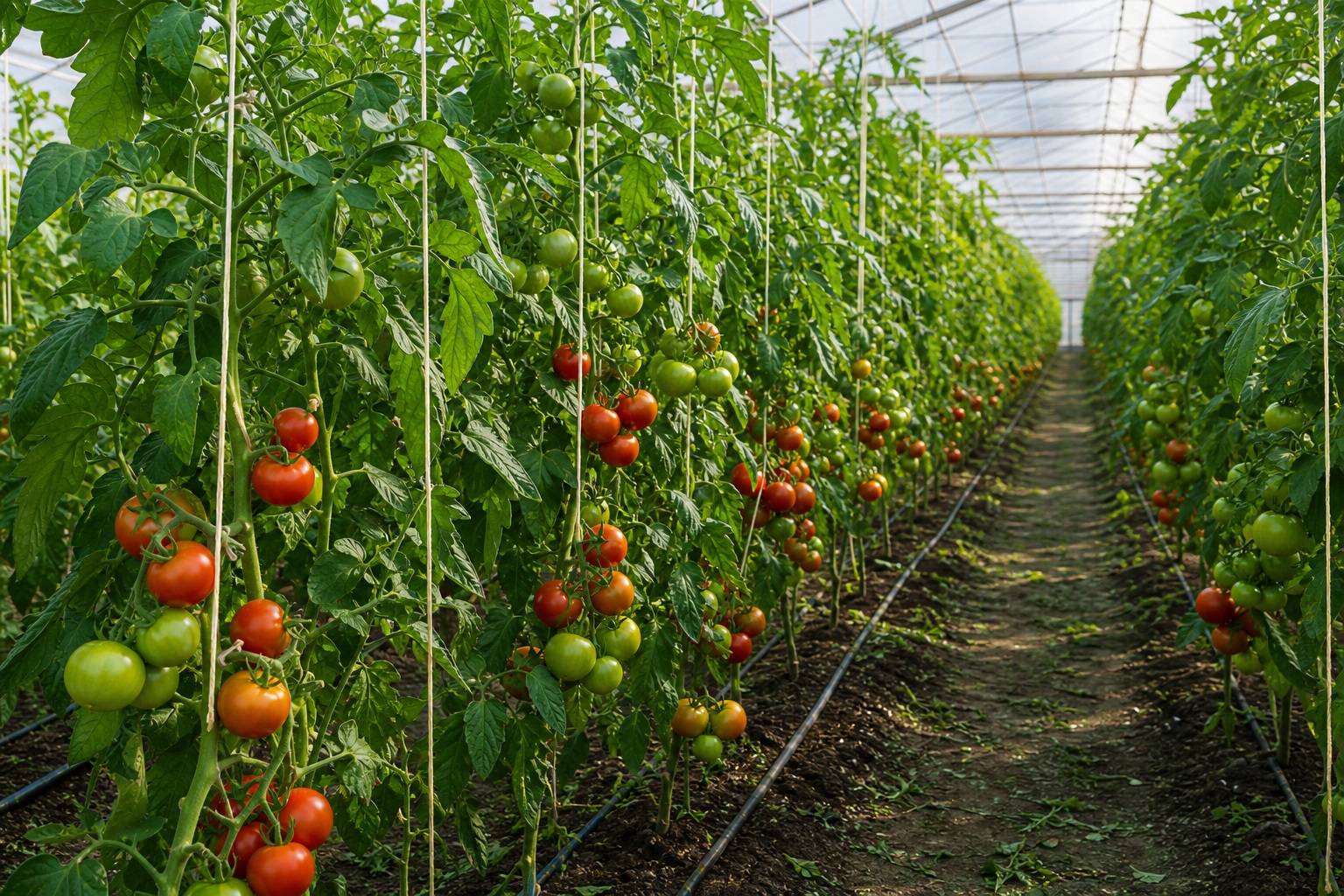 Rows of tomato vines growing inside a greenhouse with hanging ripe fruit.