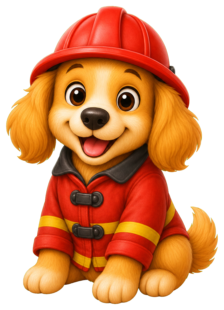 Cartoon puppy in a red firefighter uniform and helmet sitting and smiling.