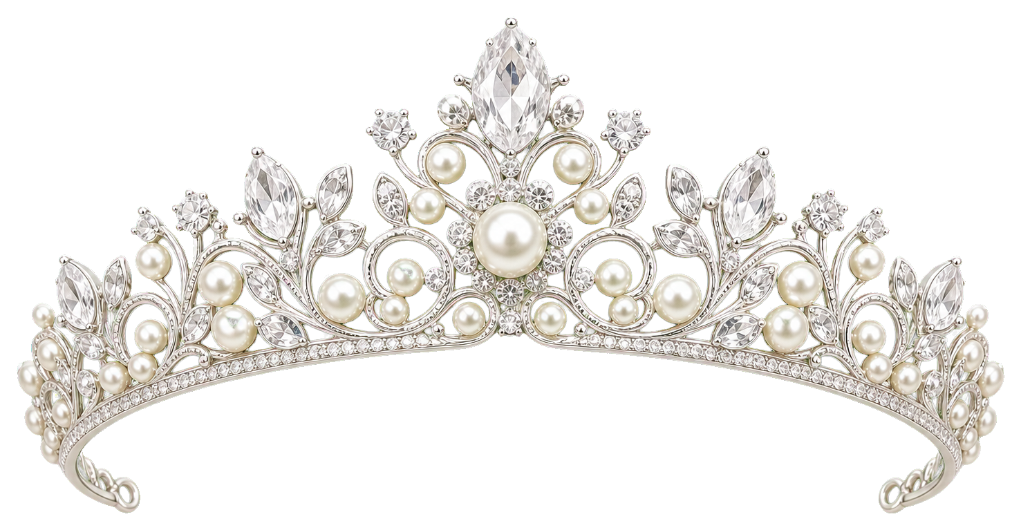 Ornate pearl tiara with decorative metal details and centered pearl accents