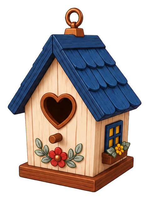 Wooden birdhouse with a blue roof, heart cutout, and small flowers on the front.