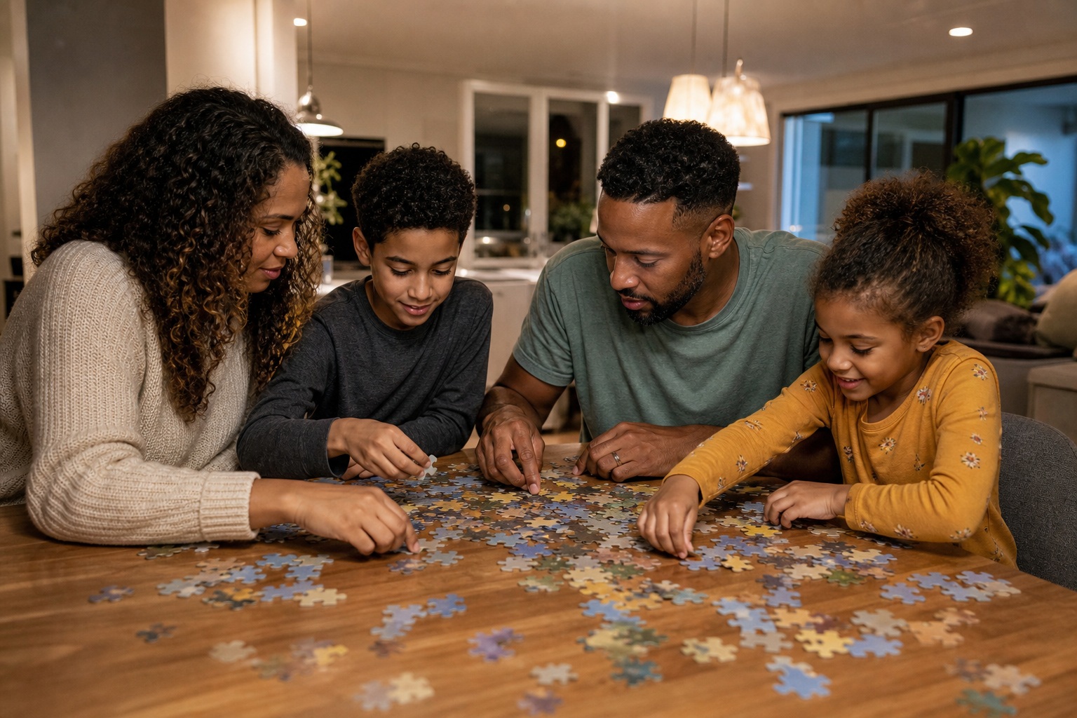 Four people working together on a puzzle at a dining table in a cozy living room