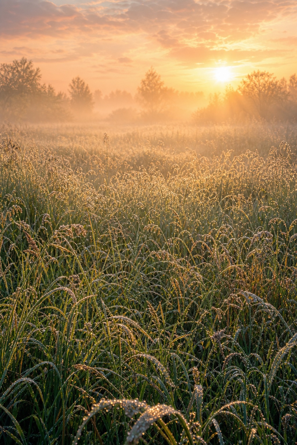 Sunrise light over a foggy meadow with dew-covered grass and distant trees