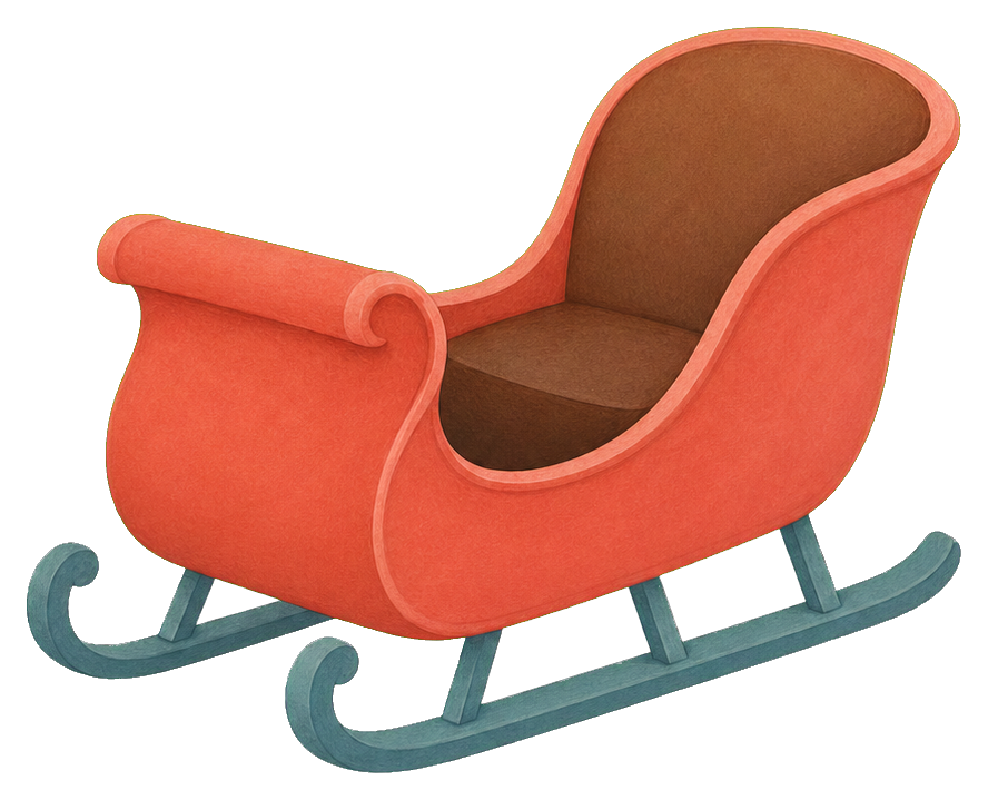 Coral sleigh with dusty blue runners on a white background