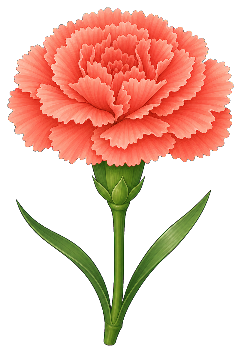 Coral carnation flower with a green stem and leaves on a transparent background