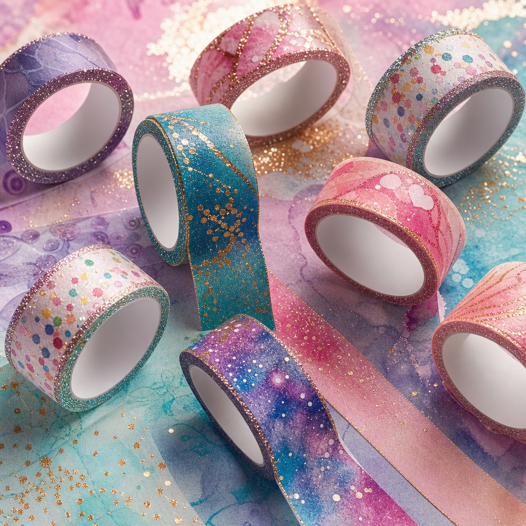 Pastel rolls of glitter washi tape arranged on a speckled craft background.