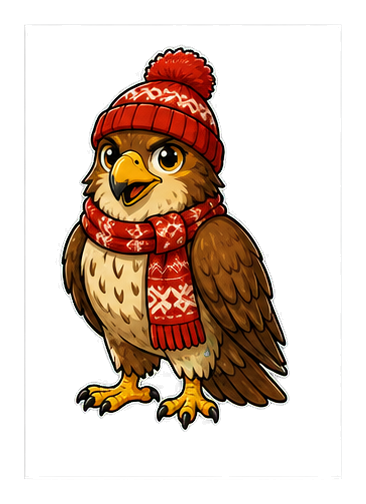 Brown hawk wearing a red winter hat and matching scarf