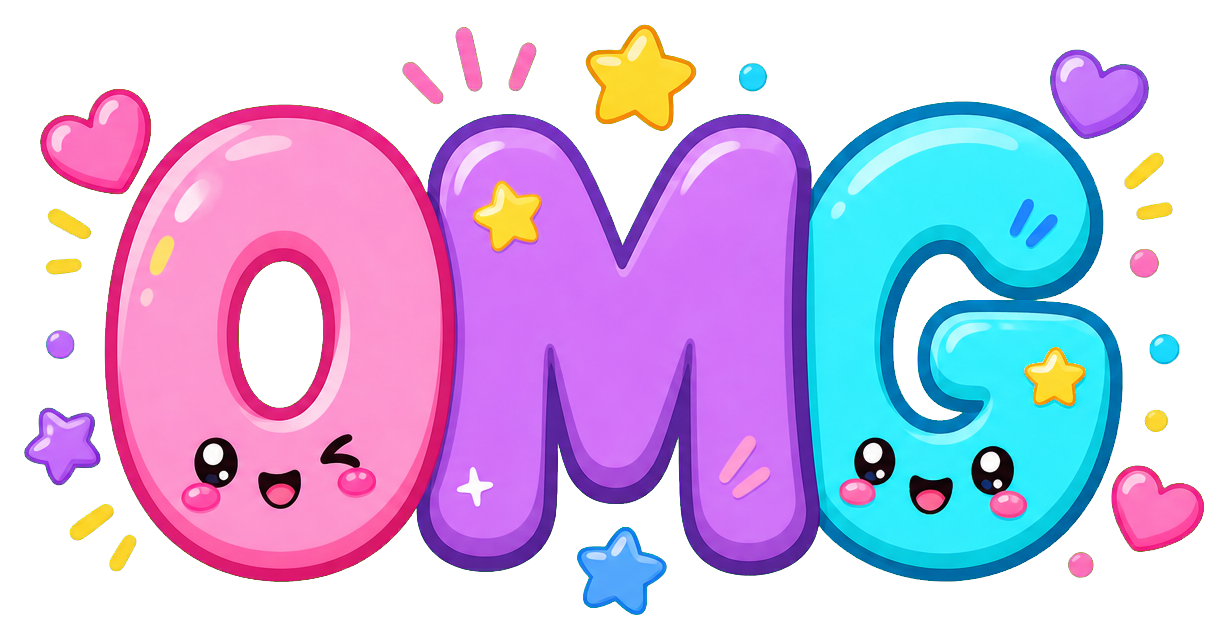 Colorful kawaii OMG text sticker with hearts, stars, and smiling letters.