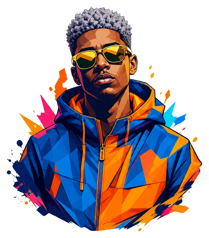 Colorful geometric portrait sticker of a person with gray curls and sunglasses
