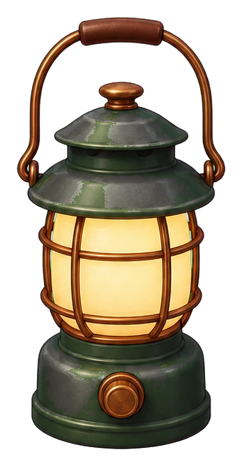 Vintage campfire lantern with a glowing light and curved handle