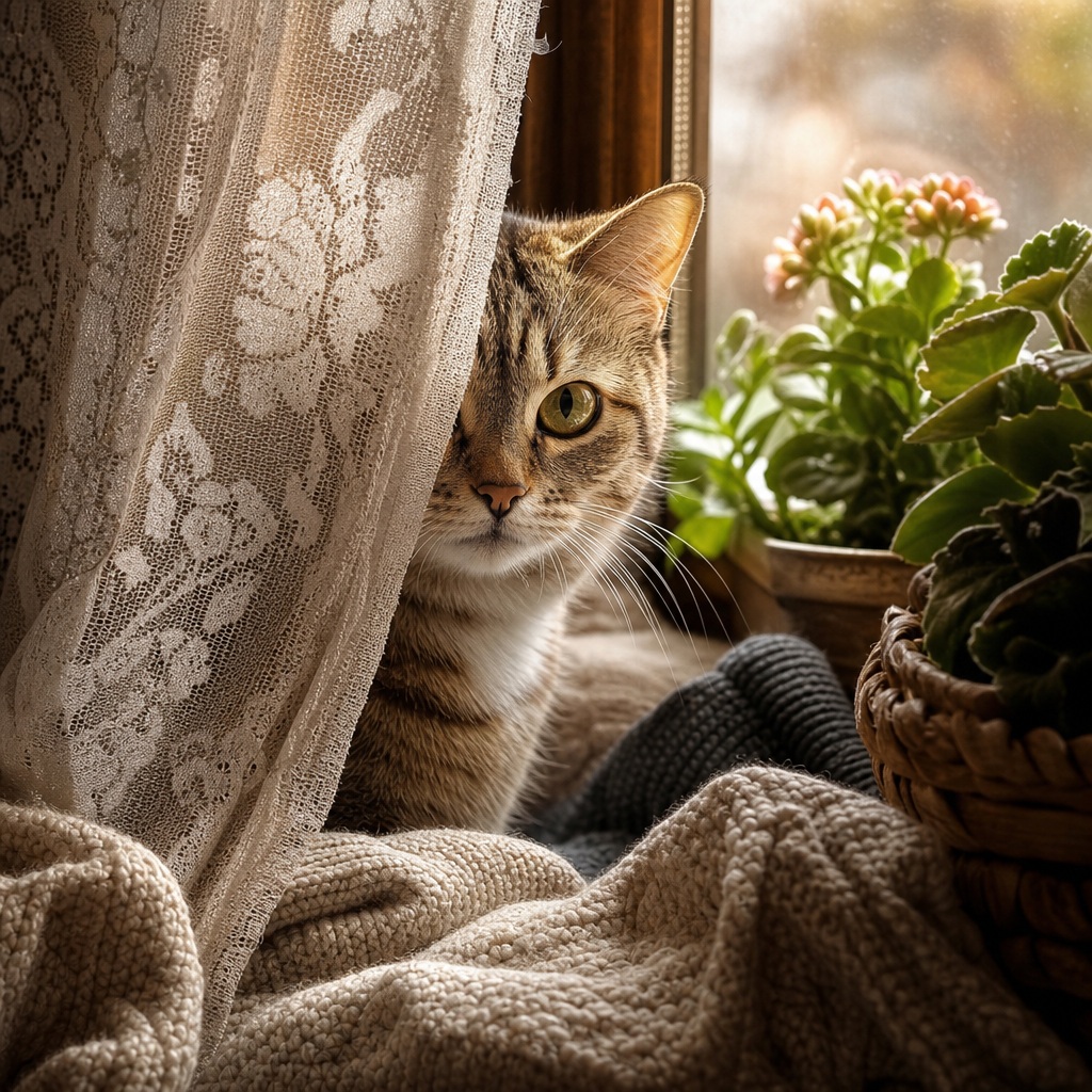 A cat peeks from behind a lace curtain beside a sunlit window and plants.