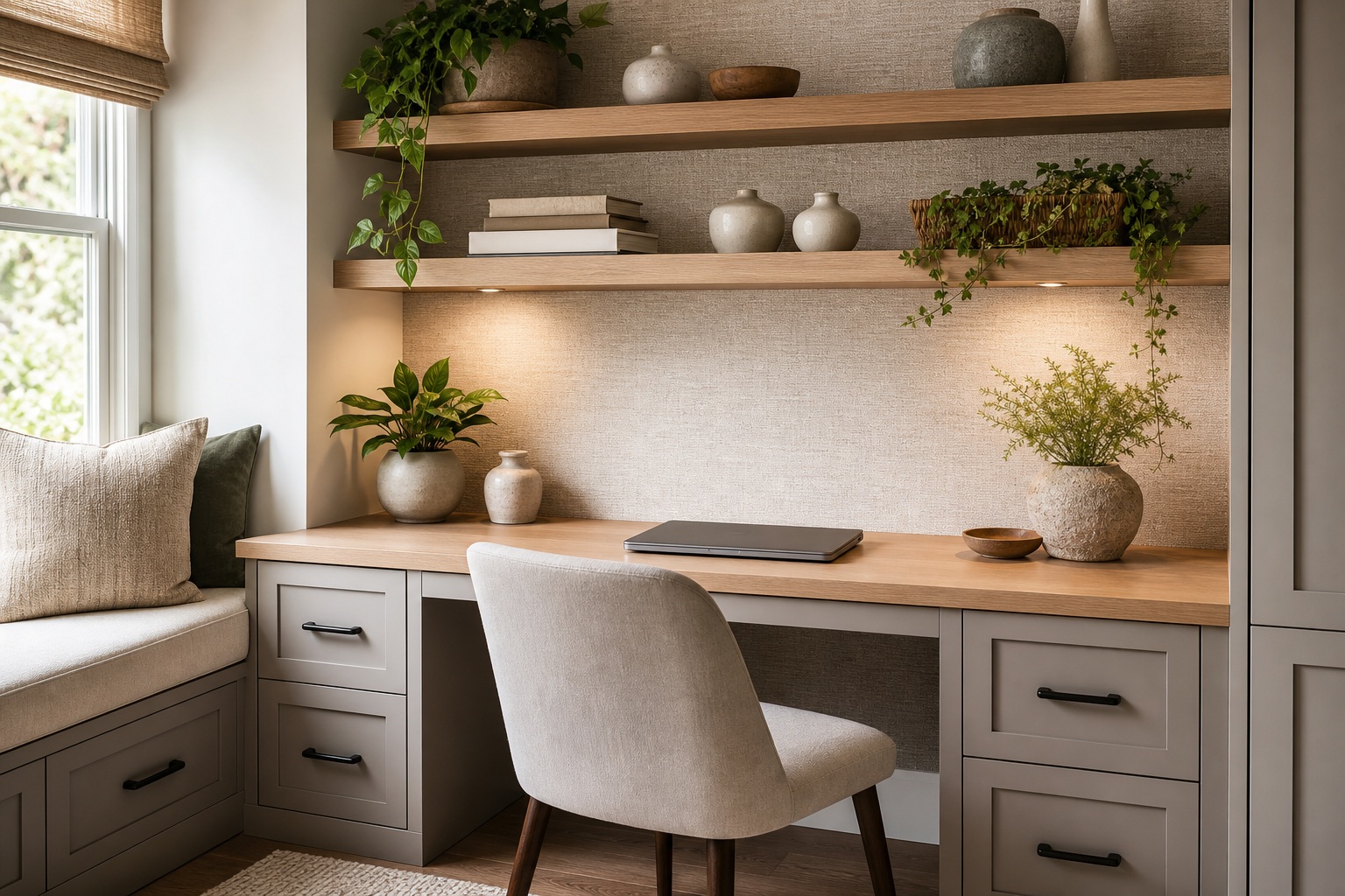 Cozy home office nook with desk, shelves, plants, and a chair by a window