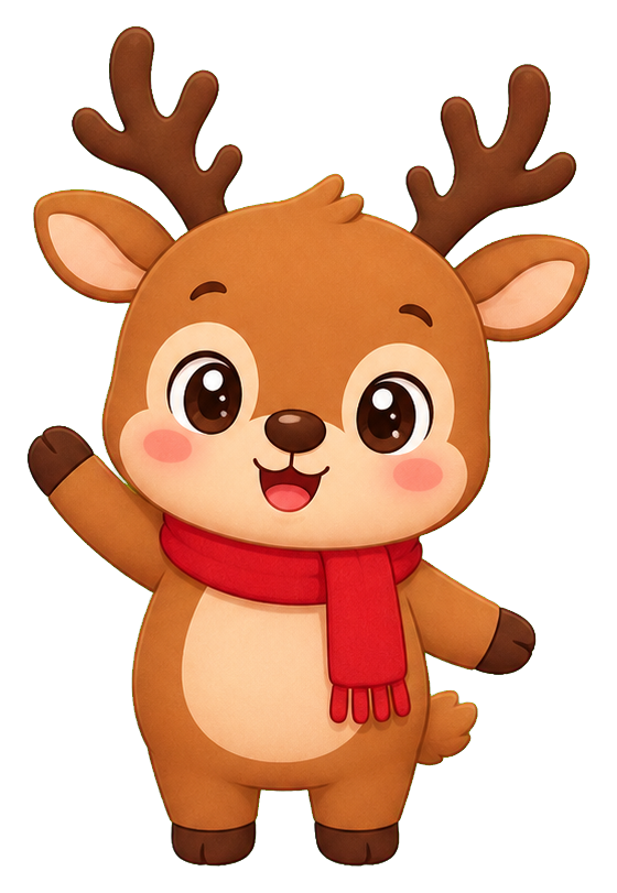 Cute cartoon reindeer with antlers, a red scarf, and one paw raised.
