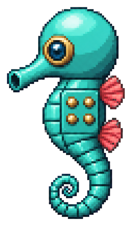 A turquoise pixel art seahorse with mechanical details and pink fins