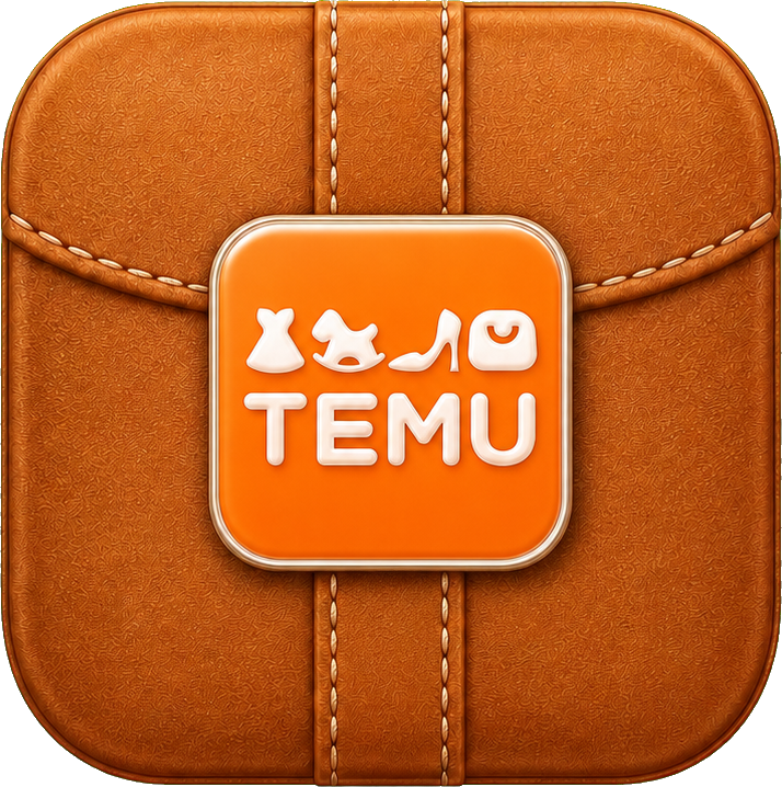 Orange app icon on a caramel leather square with stitched toggle detail.