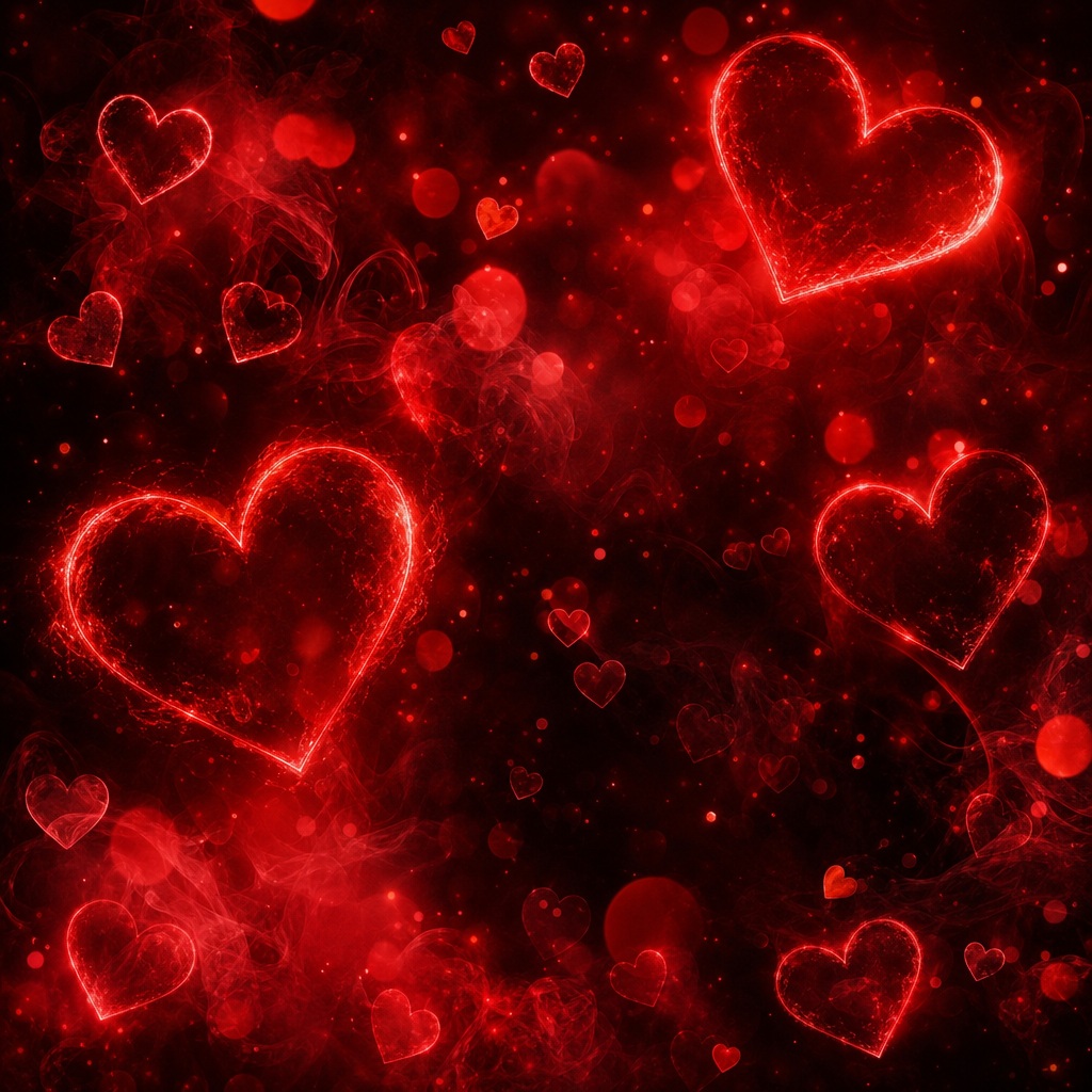 Glowing red neon hearts scattered across a dark misty background