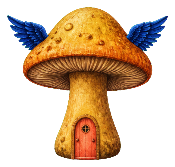 Winged mushroom with a small door in the stem and blue wings on both sides.