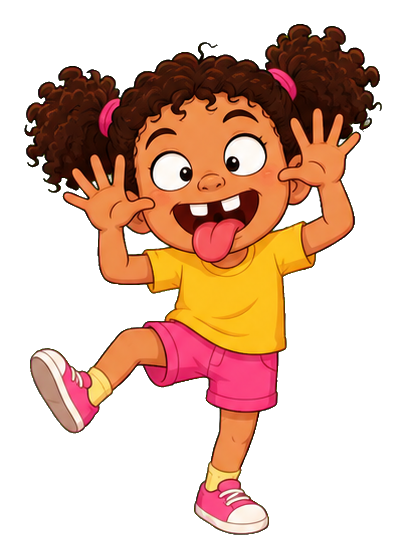 Cartoon child with gap tooth, tongue out, hands raised, and one leg lifted.