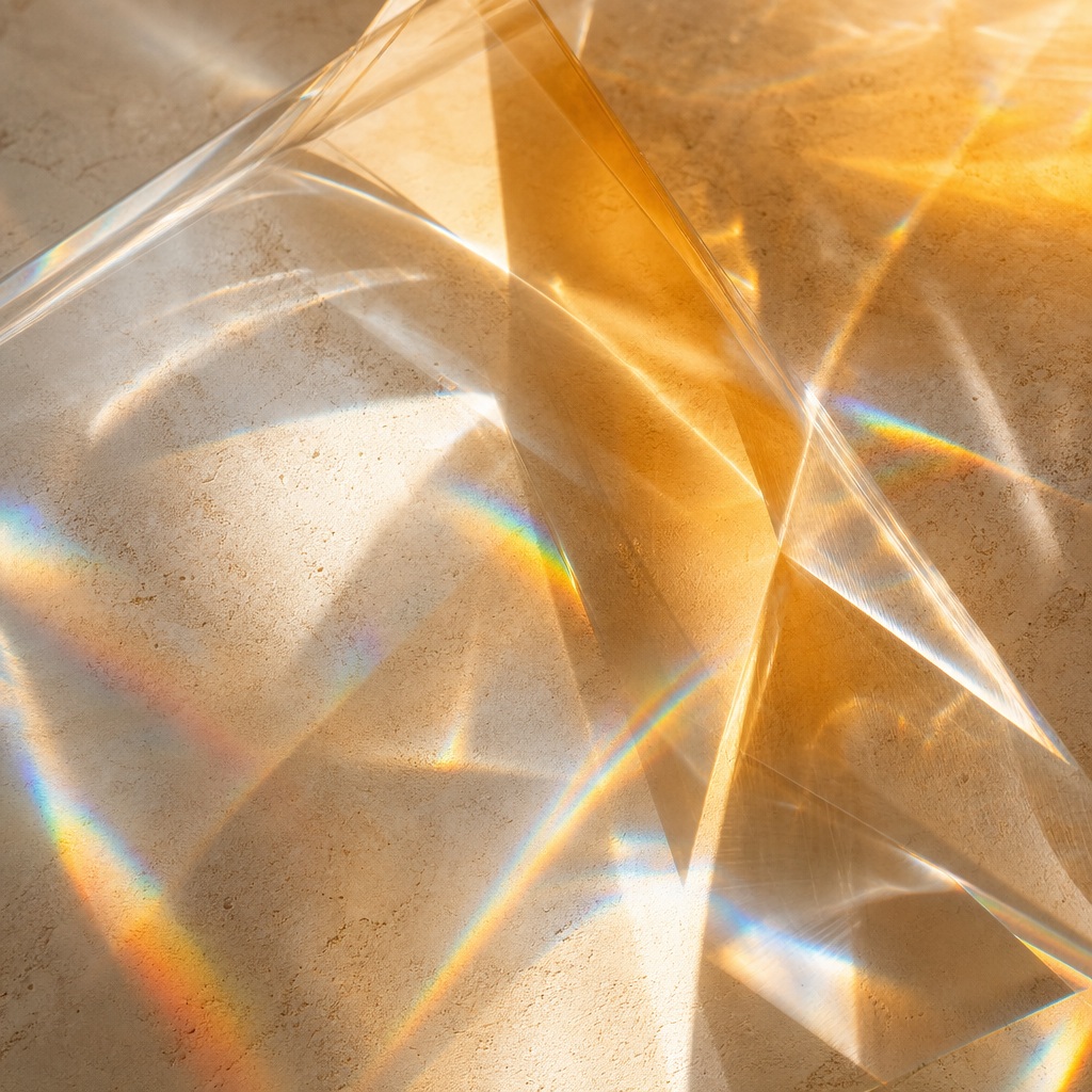 Abstract golden glass refraction with soft shadows and prismatic light caustics