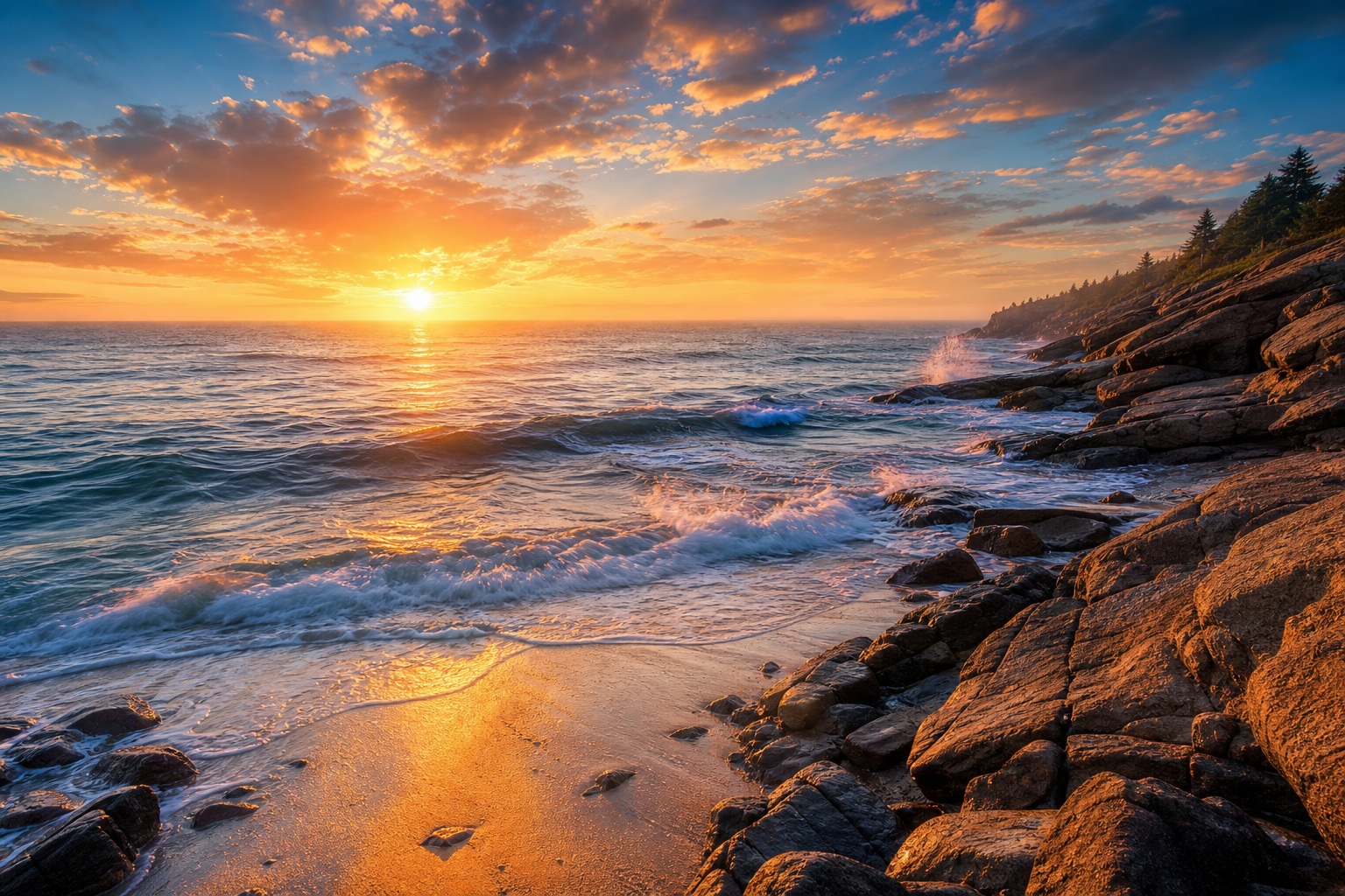 Sunrise glowing over ocean waves beside a rocky shoreline
