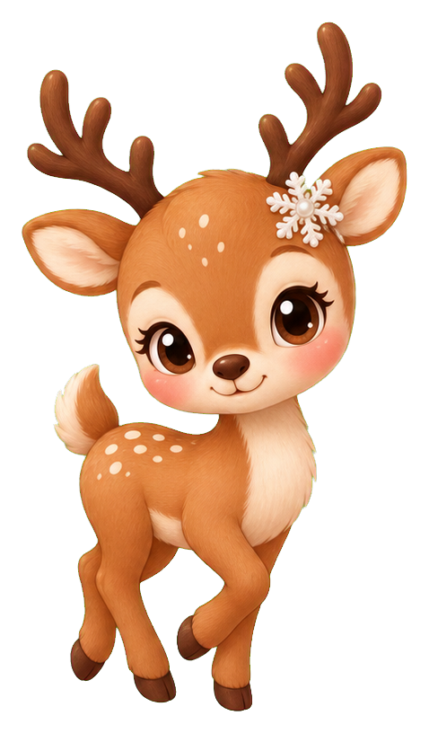 Cute cartoon reindeer with antlers and a small snowflake on its head