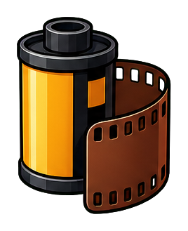A curled brown film strip wrapped around a black film roll canister