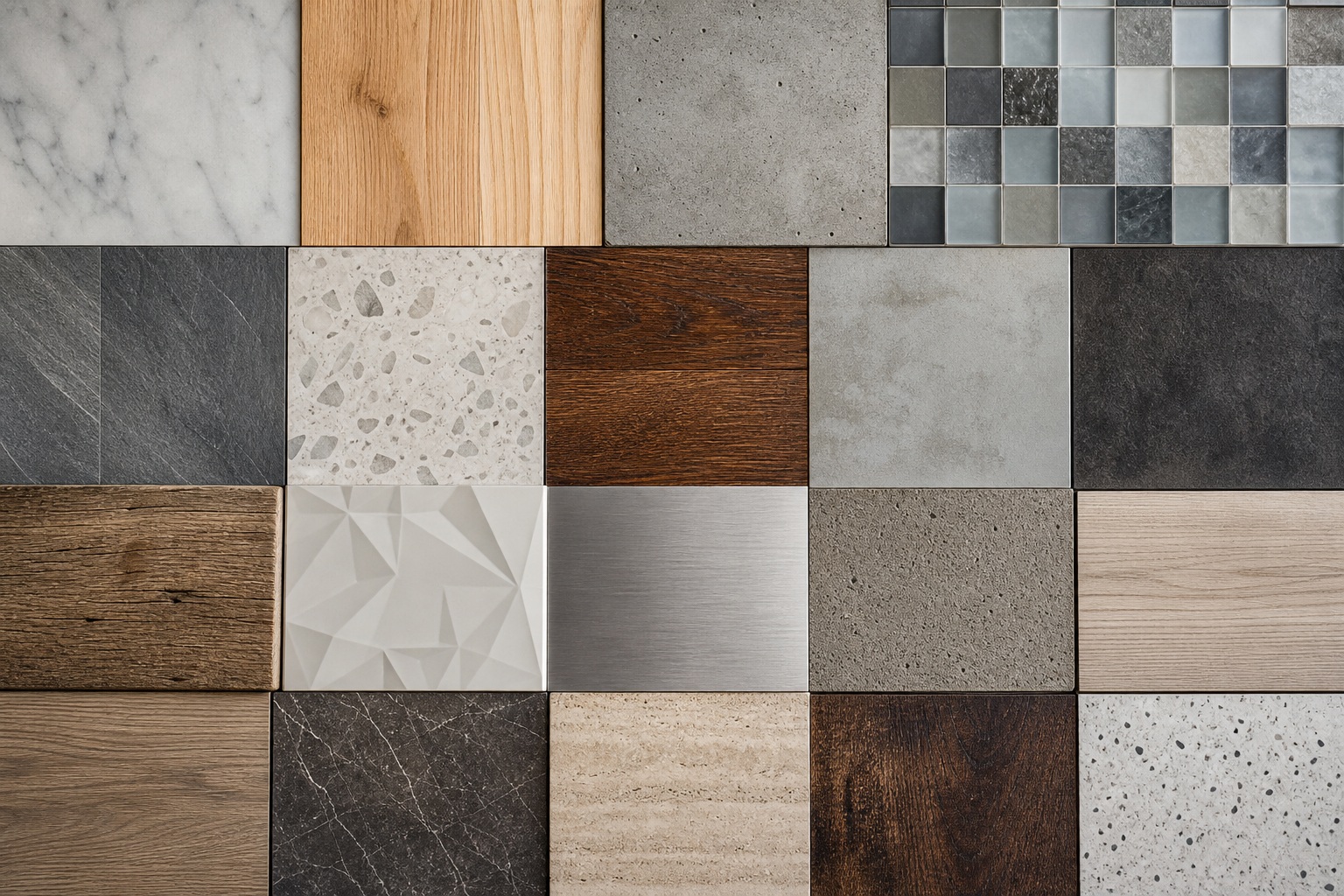 Grid of home renovation material samples including tile, wood, stone, and textured panels.
