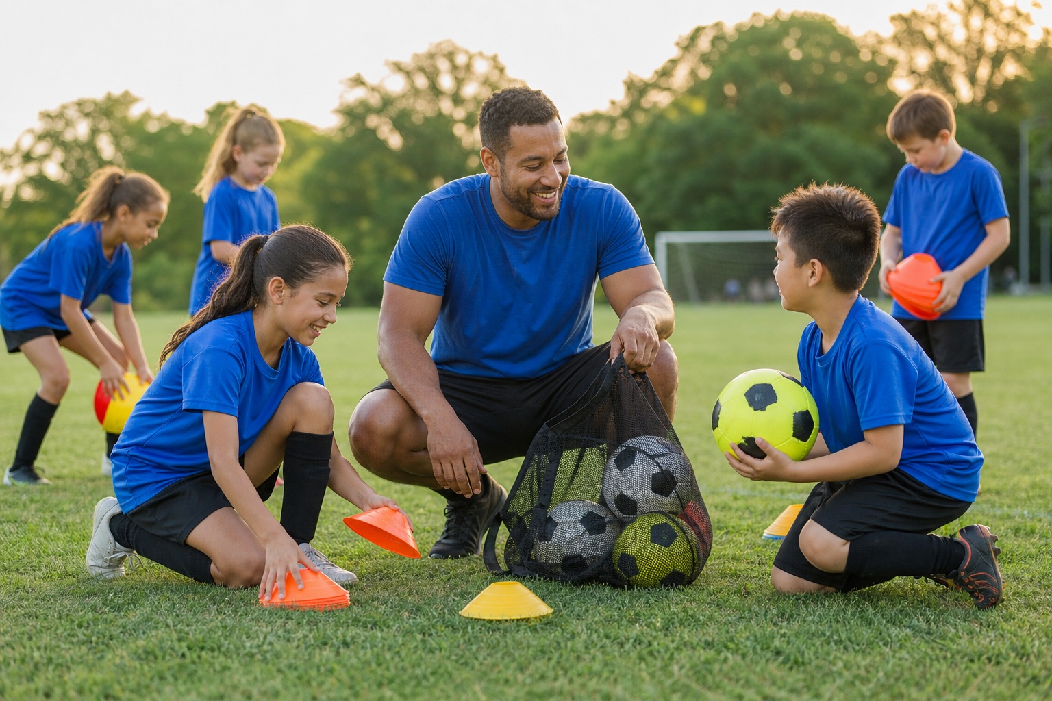 Soccer coach kneeling with young players beside cones and soccer balls on a grassy field.