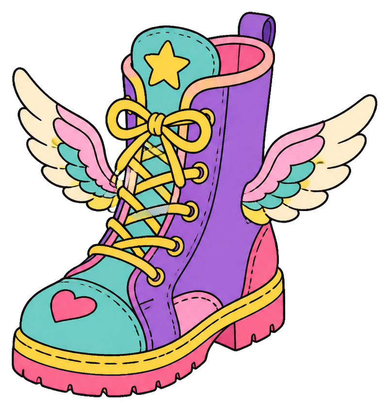 Colorful fancy boot with wings, heart detail, and a star on the shaft