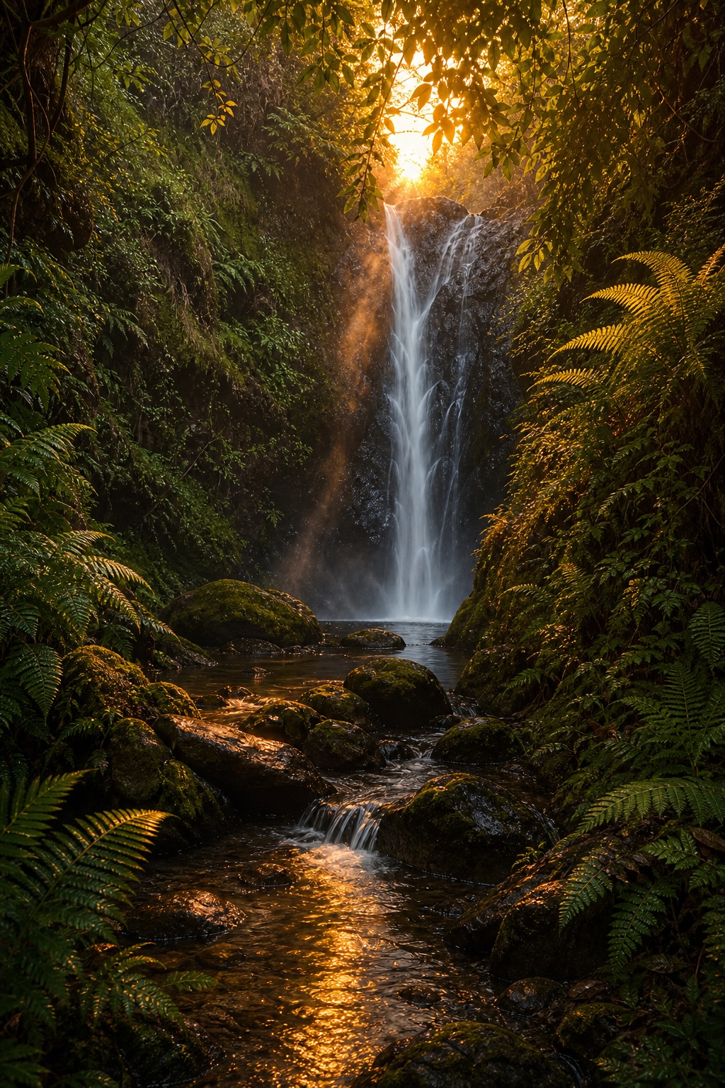 Preview for Sunset Waterfall Forest Background