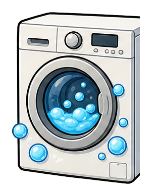 White washing machine with blue bubbles spilling from the open front door