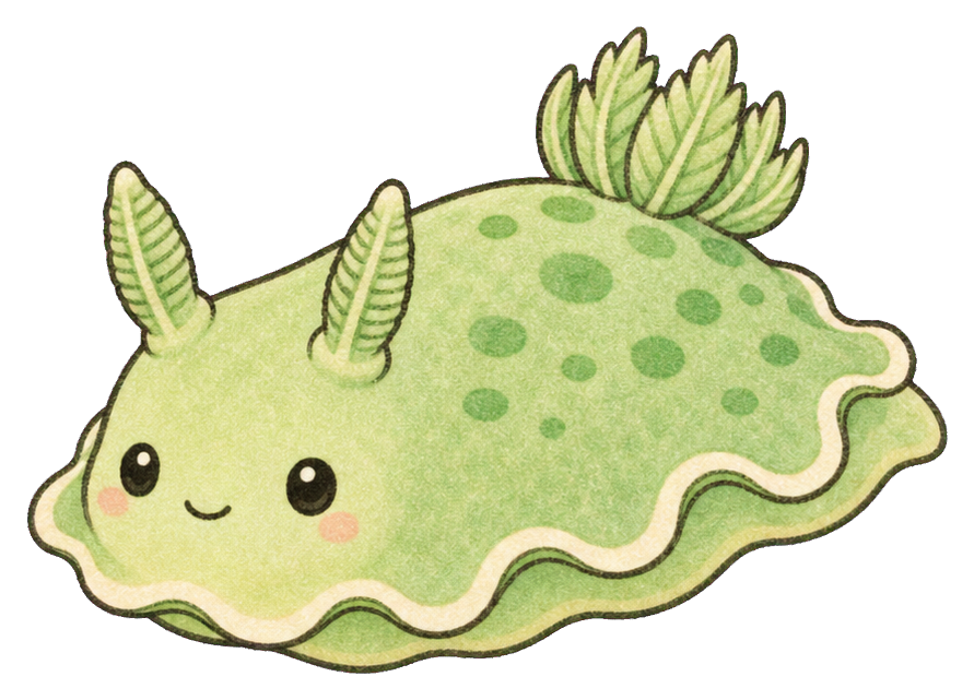Cute green sea slug with spotted body and small antennae