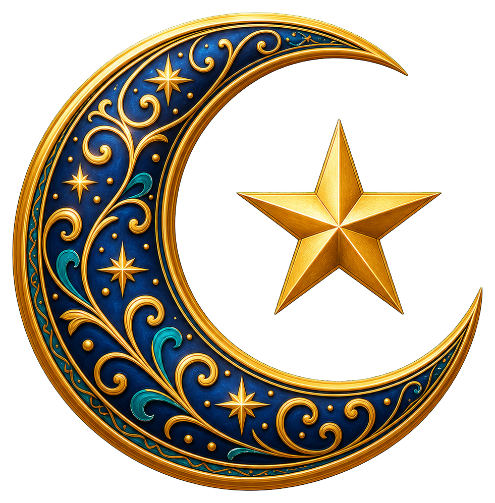 Gold star inside a blue crescent moon with ornamental details