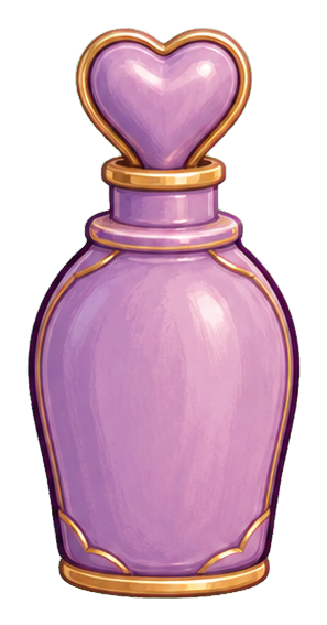 Purple bottle with a pink heart-shaped top and gold trim