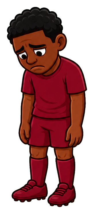 Sad cartoon soccer player standing with head down and drooping arms.
