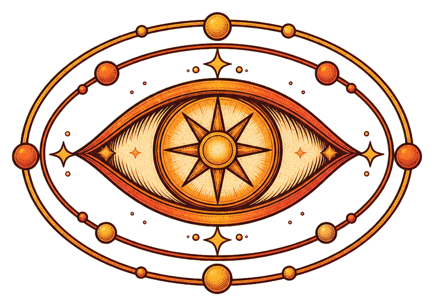 Orange oracle eye with orbiting dots and a starburst pupil