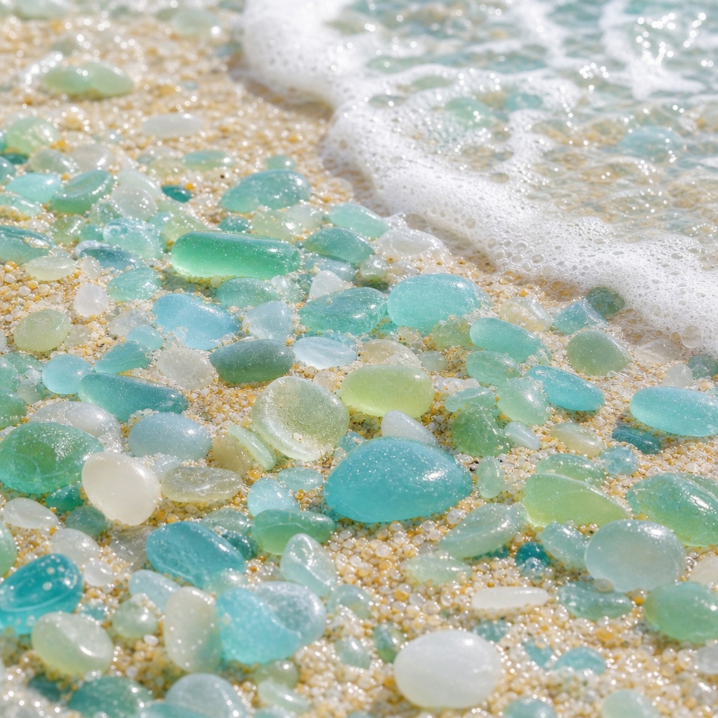 Sea glass scattered on sandy beach beside foamy surf.