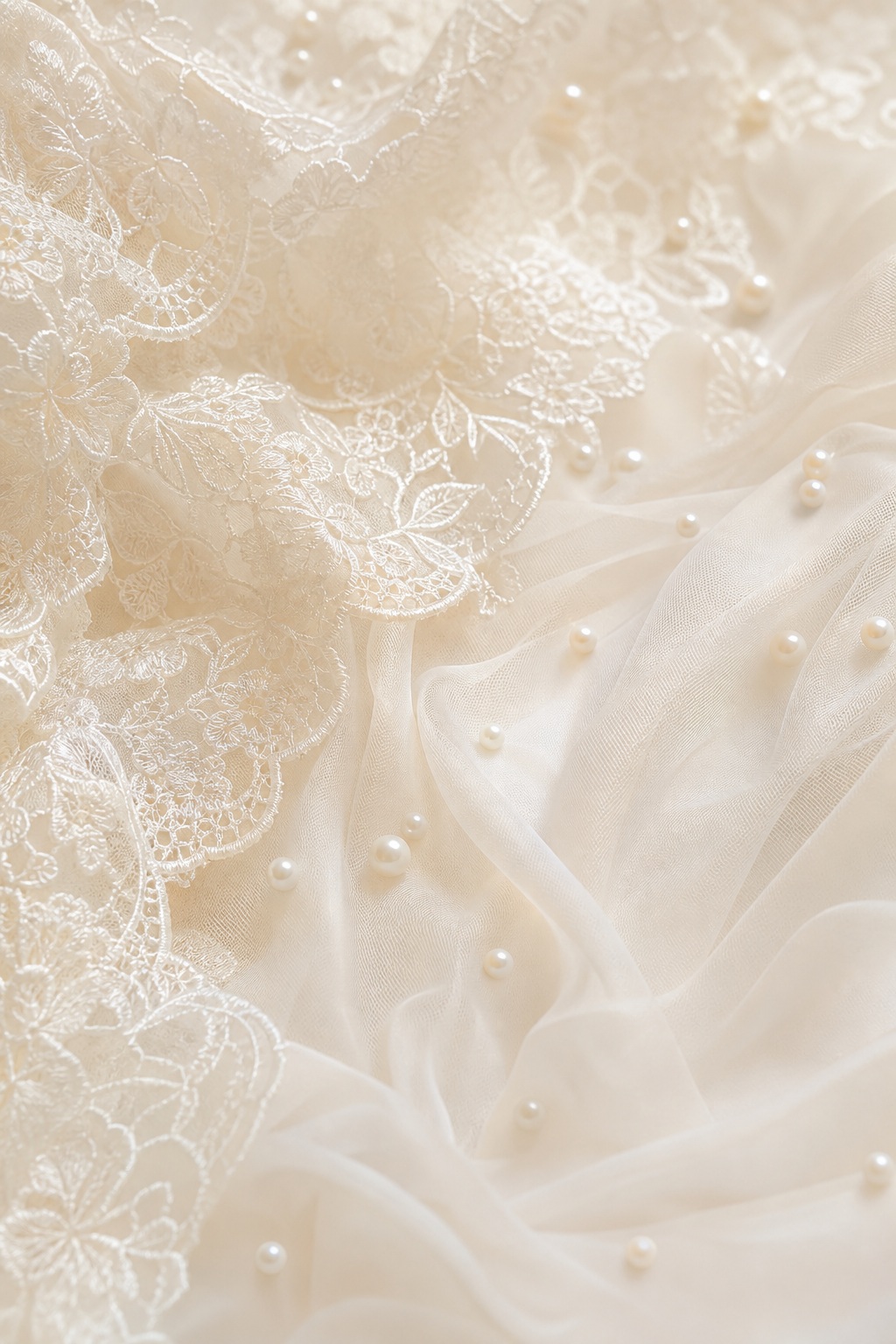 Ivory lace fabric with scattered pearls on soft sheer tulle