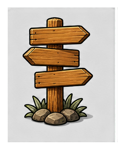 Blank wooden trail sign with three arrow boards on a post, rocks, and small plants.